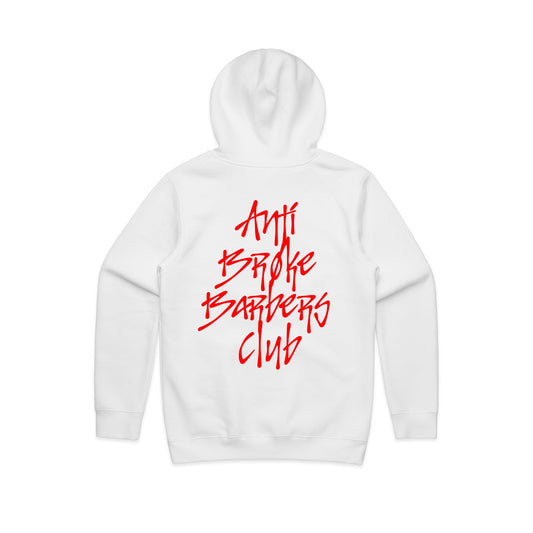 Anti Broke Barbers Club white hoodie with red graffiti logo