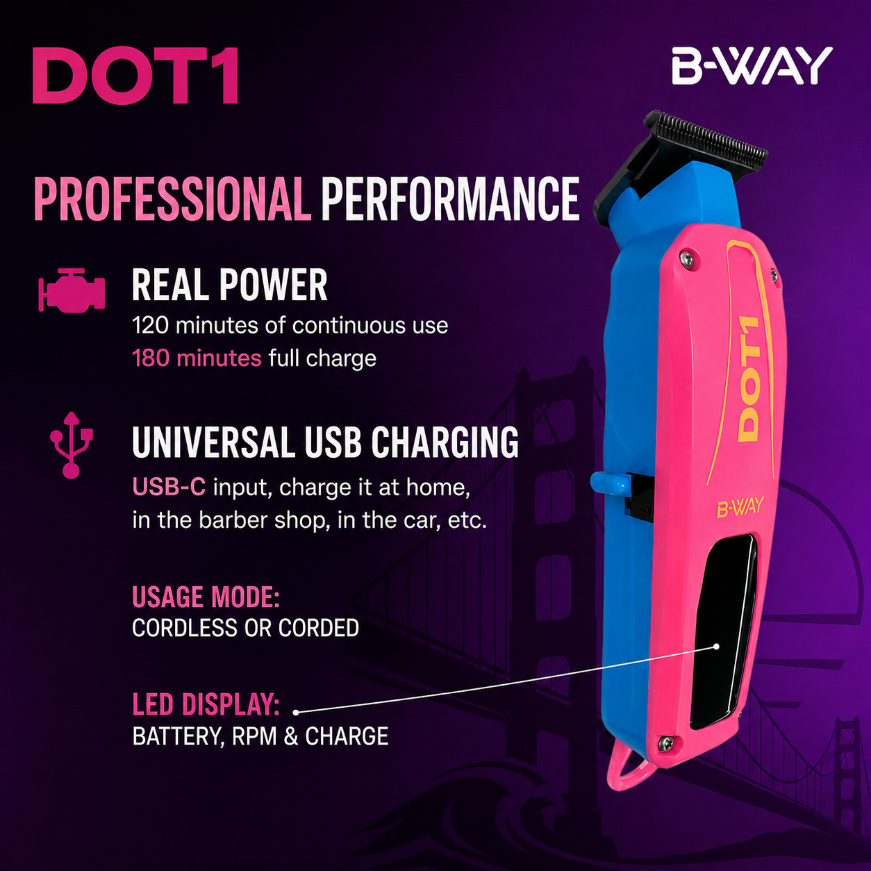 B-WAY DOT1 Professional Trimmer Pink with Cross DLC T-Blade