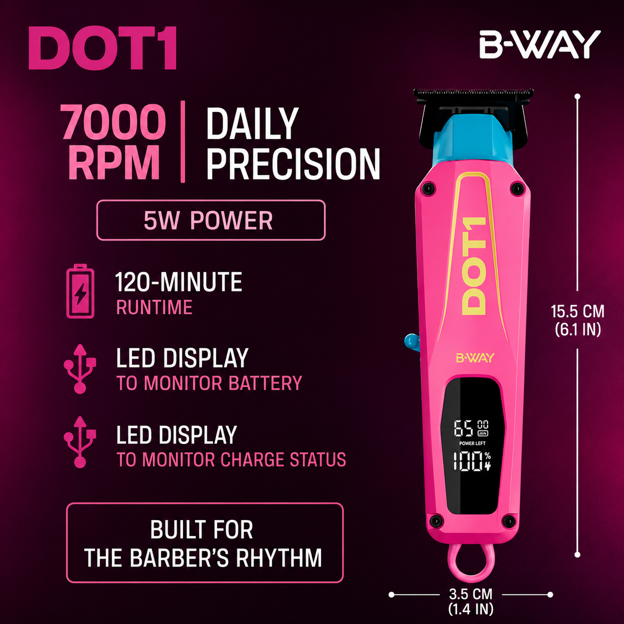 B-WAY DOT1 Professional Trimmer Pink with Cross DLC T-Blade