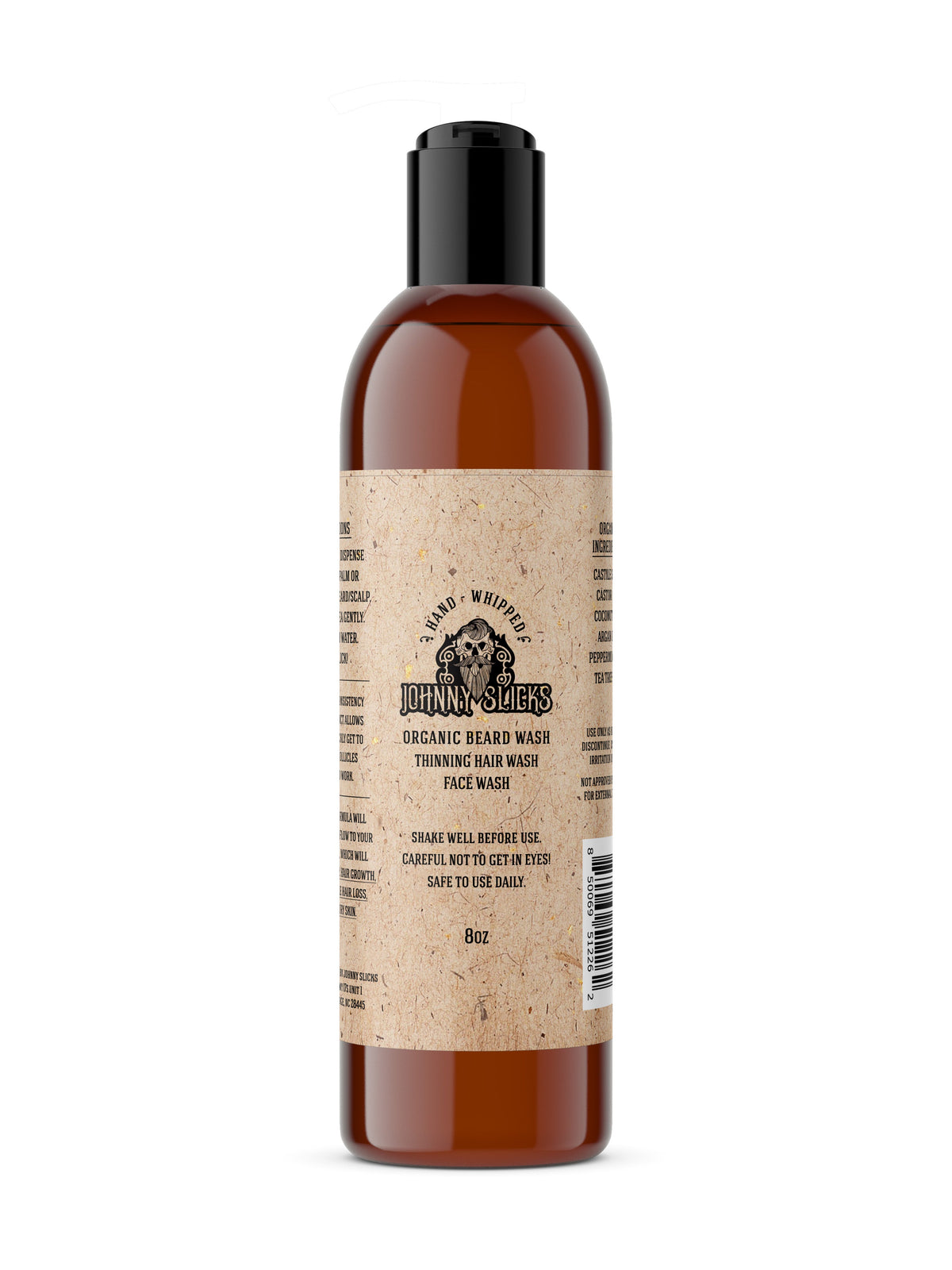 Johnny Slicks Organic Hand-Whipped Beard Wash – 4 oz & 8 oz – 8-ounce beard wash bottle front view