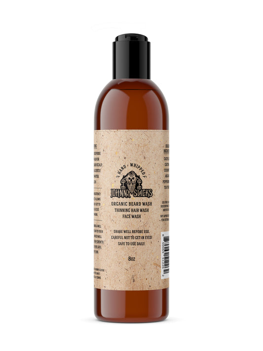 Johnny Slicks Organic Hand-Whipped Beard Wash – 4 oz & 8 oz – 8-ounce beard wash bottle front view