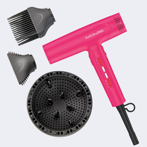 BaBylissPRO Nano Light BNTC9200HP Hot Pink dryer with three styling attachments