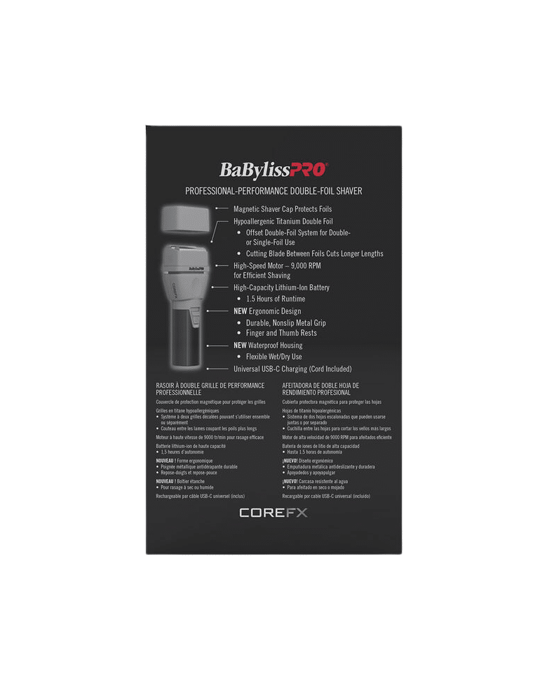 BaBylissPRO CoreFX Shaver #FX75FS2 – Double Titanium Foil, 9,000 RPM Motor, Waterproof, USB-C Charging