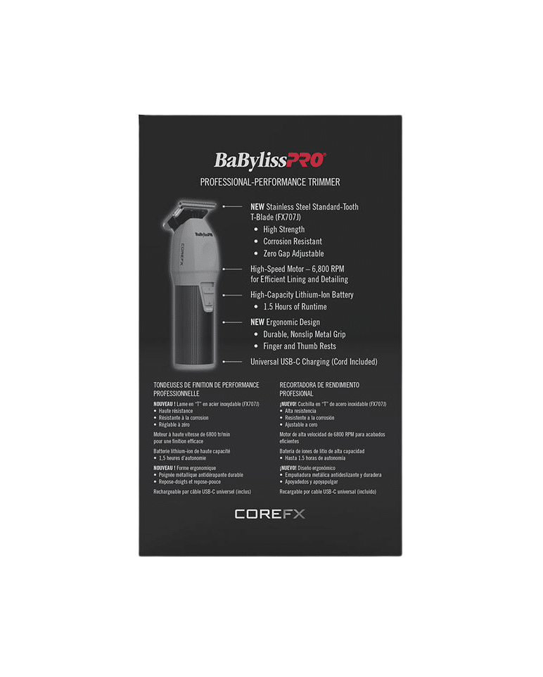 BaBylissPRO CoreFX Trimmer #FX76 – 6,800 RPM Motor, Stainless Steel T-Blade, 1.5-Hr Runtime, USB-C Charging
