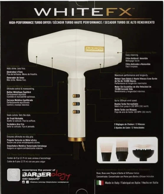 BaBylissPRO WhiteFX High-Performance Turbo Hair Dryer FXBDW1