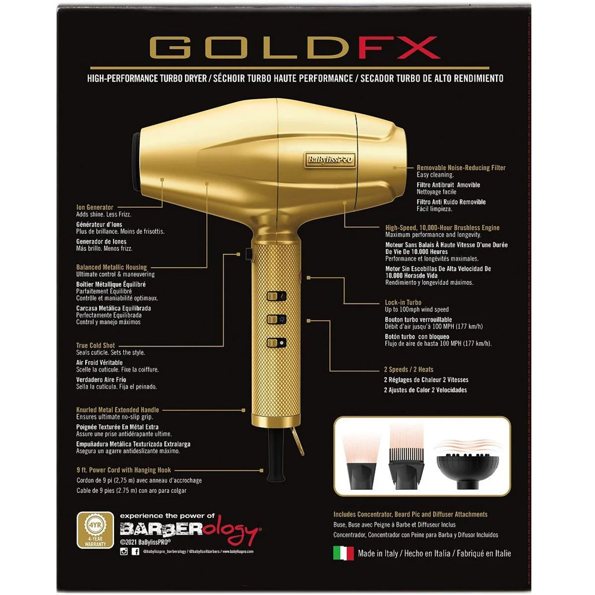 BaByliss Pro GOLDFX High Performance Turbo Dryer – Gold #FXBDG1 | Professional Brushless Motor Hair Dryer