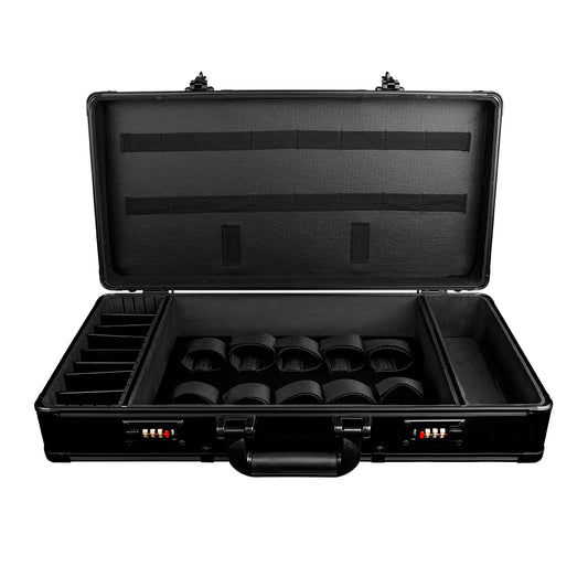 Black barber tool case gold frame locked clipper storage