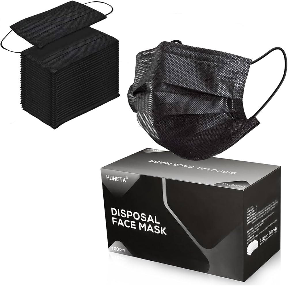 Disposable black face mask 3 ply non woven with ear loops