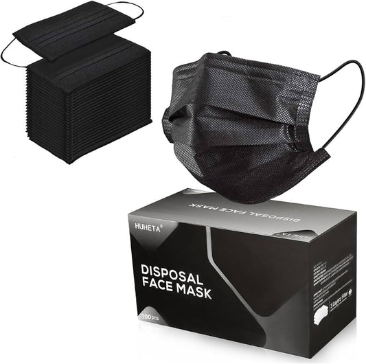 Disposable black face mask 3 ply non woven with ear loops