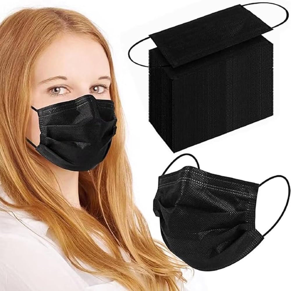Disposable black face mask 3 ply non woven with ear loops