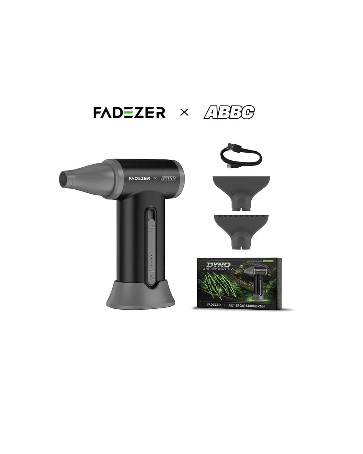 Fadezer x ABBC Dyno Air Jet Pro 2.0 kit with two nozzles and USB-C cable
