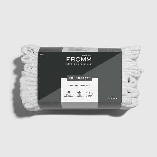 Fromm ColorSafe Cotton Towels 16x29 – Bleach-Proof, Colorfast white