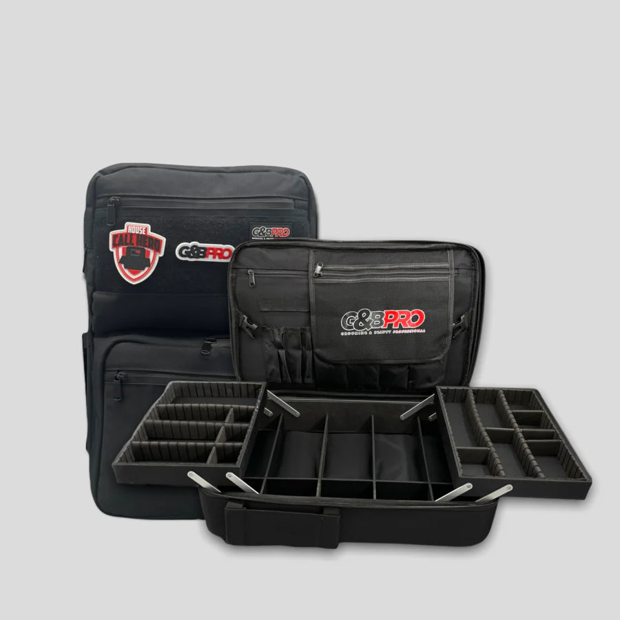 G&B PRO black full-size and OGB Reserves mobile barber workstation backpack