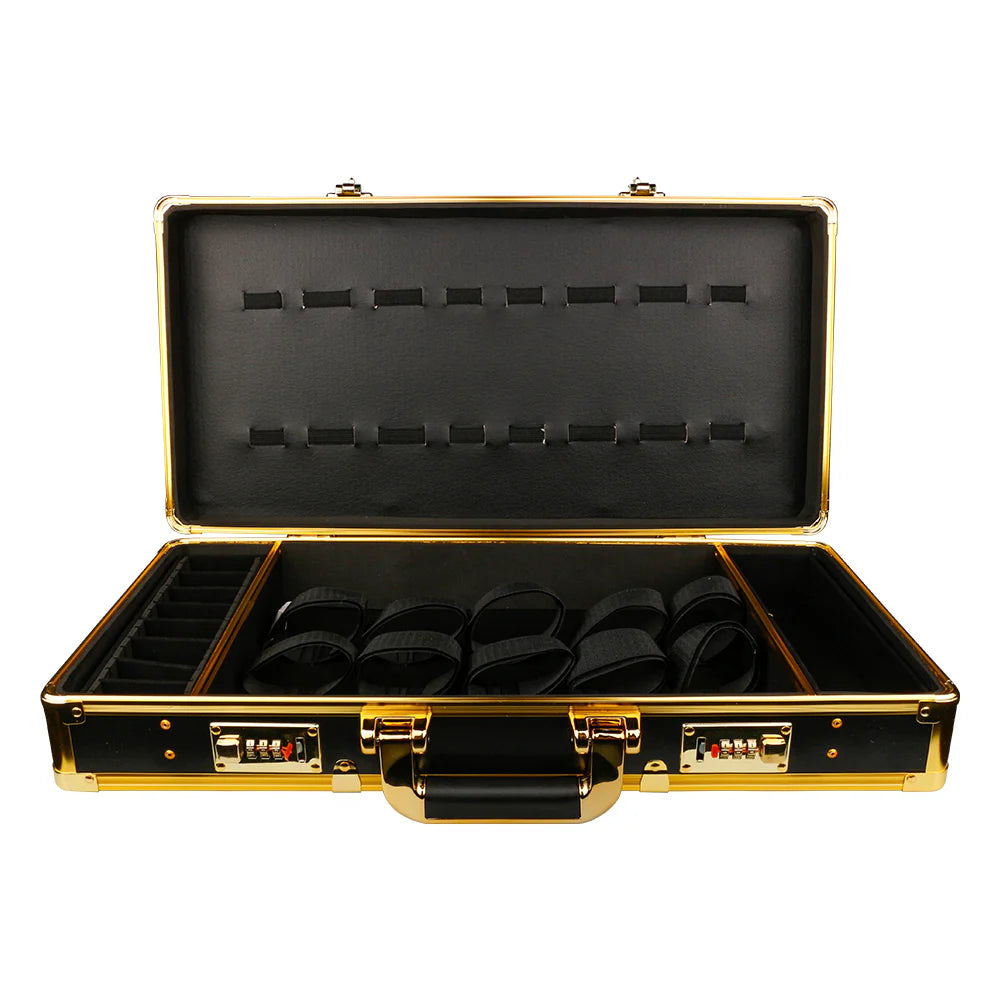 Gold and black barber tool case locked clipper storage