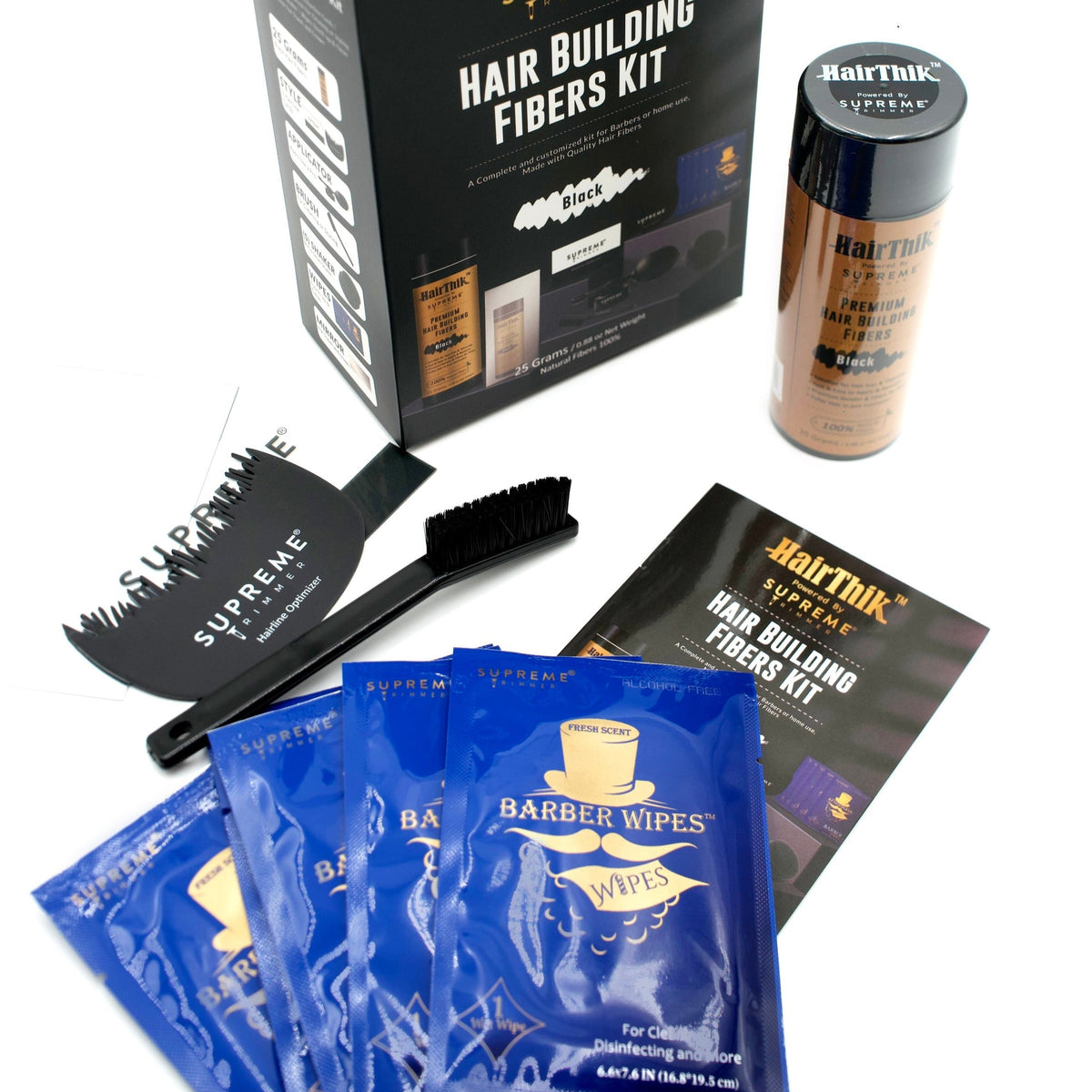 Supreme Trimmer HairThik 11-in-1 hair fiber kit – barber applying fibers to a client