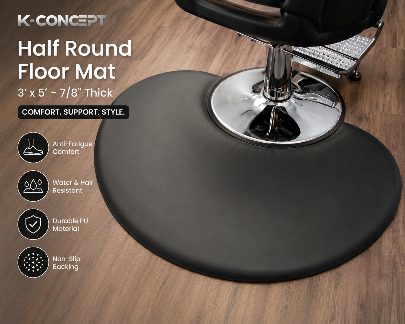 K-Concept Half Round Salon Floor Mat 3x5 – 7/8" Anti-Fatigue PU