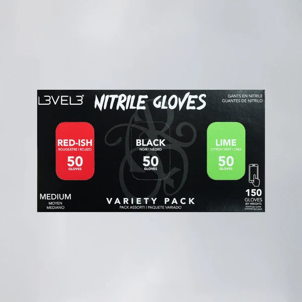 L3VEL3 Nitrile Gloves Variety Pack 150ct – 3 Colors, Powder-Free
