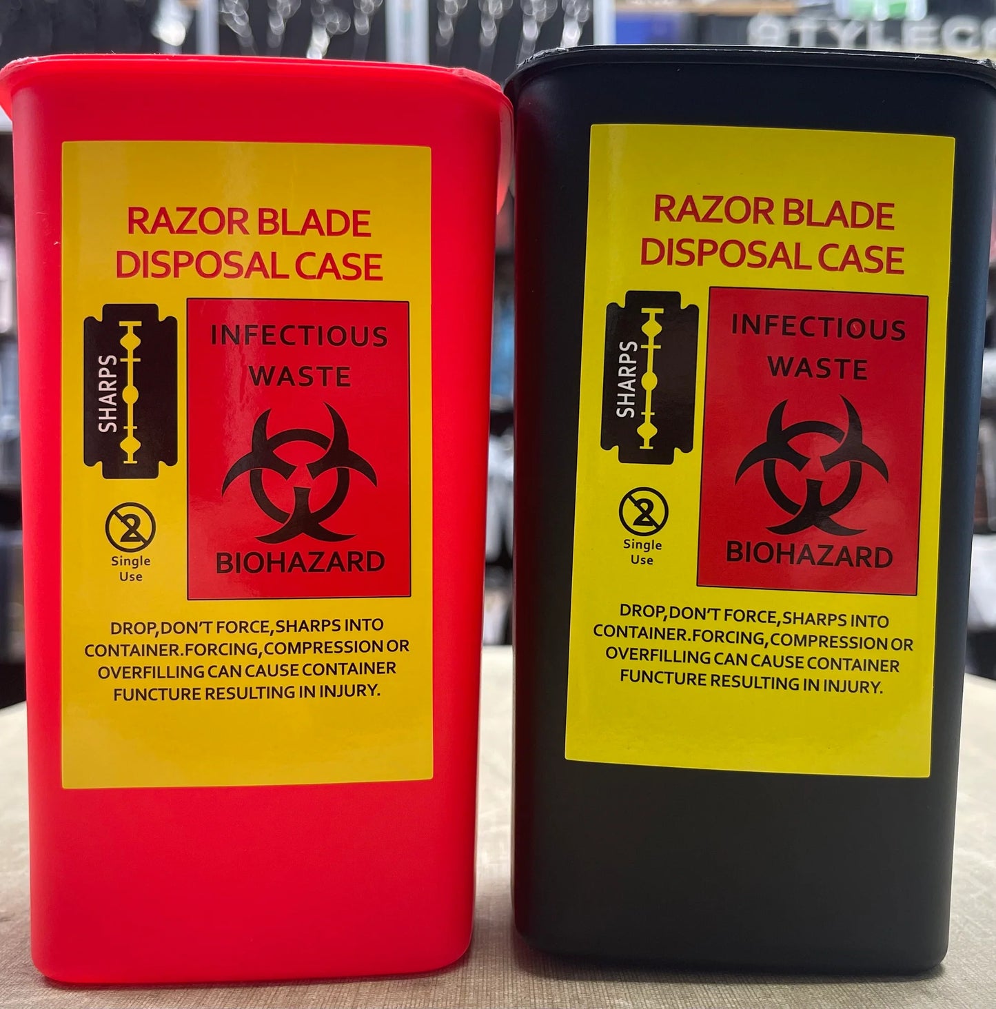 Red and black razor blade disposal case for barber sharps safety