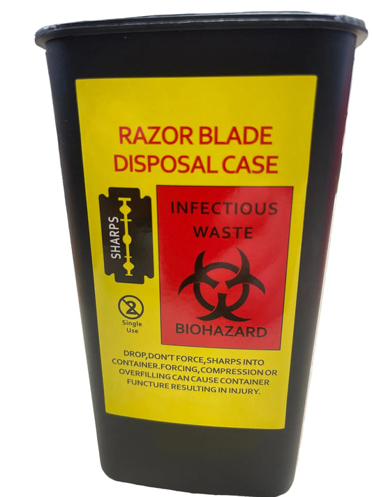 Red and black razor blade disposal case for barber sharps safety