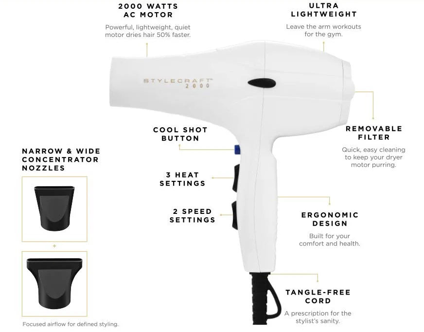 StyleCraft 2000 Super Ceramic Professional Hair Dryer SC2000CW