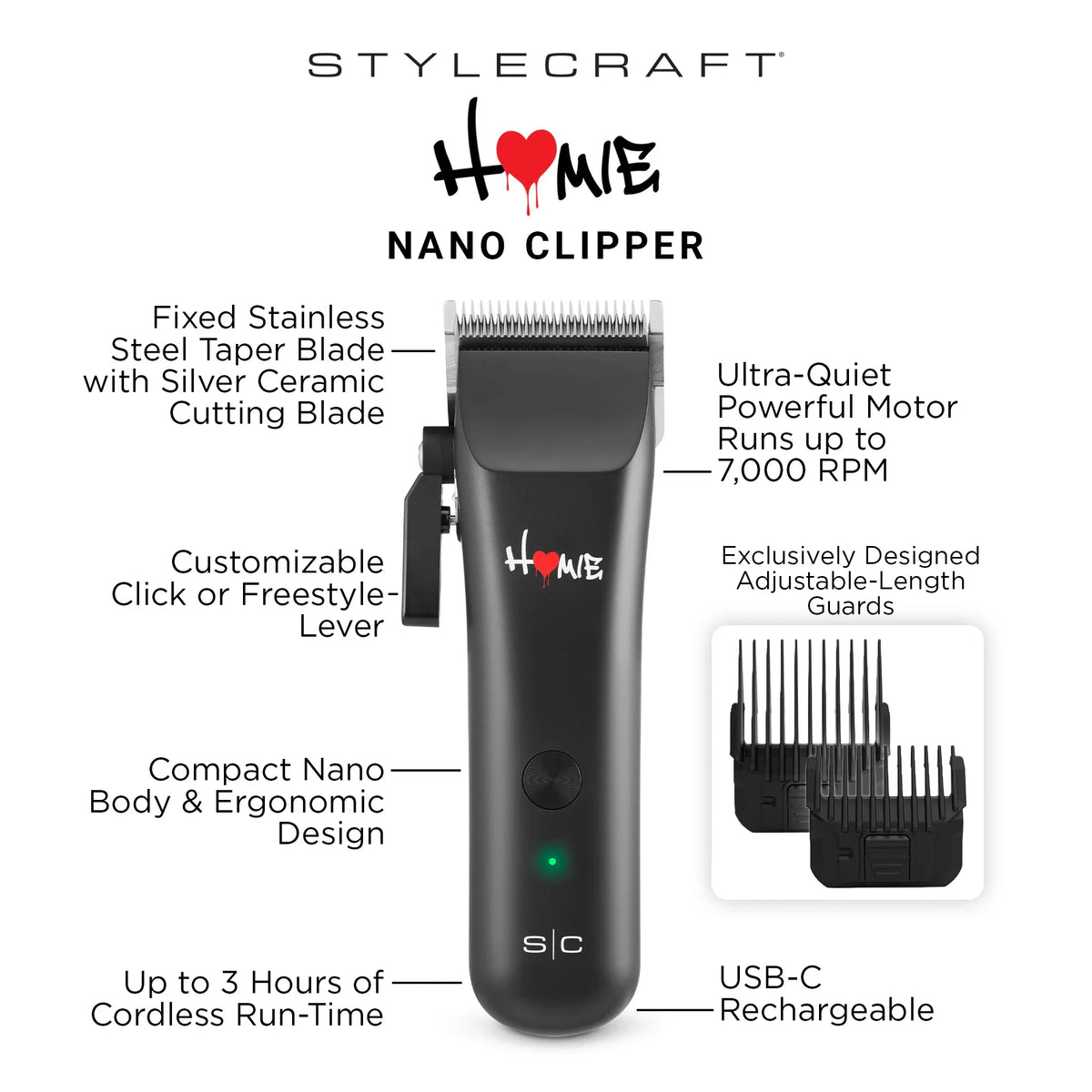 StyleCraft Homie Nano Clipper #SC628B feature diagram showing 7,000 RPM motor, taper lever, guards and USB-C charging