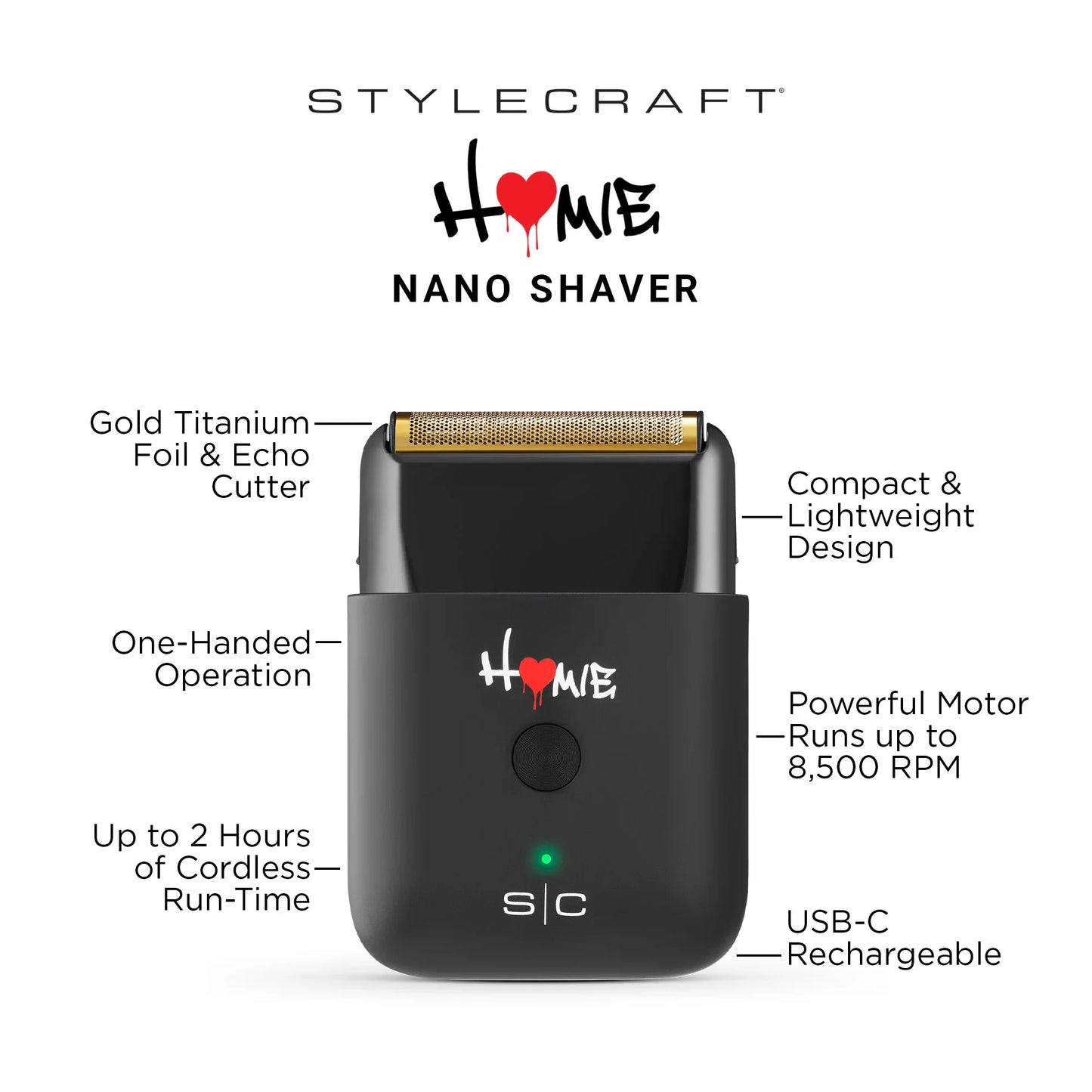 StyleCraft Homie Nano SC817B shaver features with 8,500 RPM motor and USB-C charging