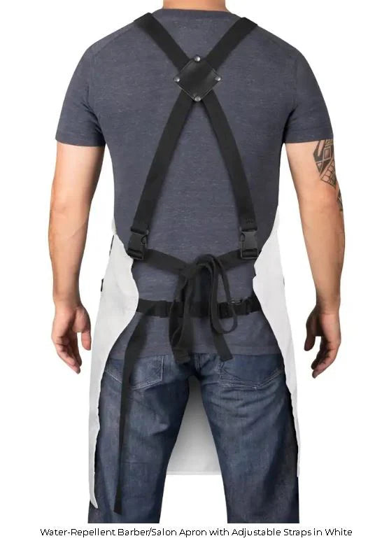 StyleCraft Pro Barber Apron – White #SC339W | Water-Resistant Heavyweight Fabric with Adjustable Straps & Pockets
