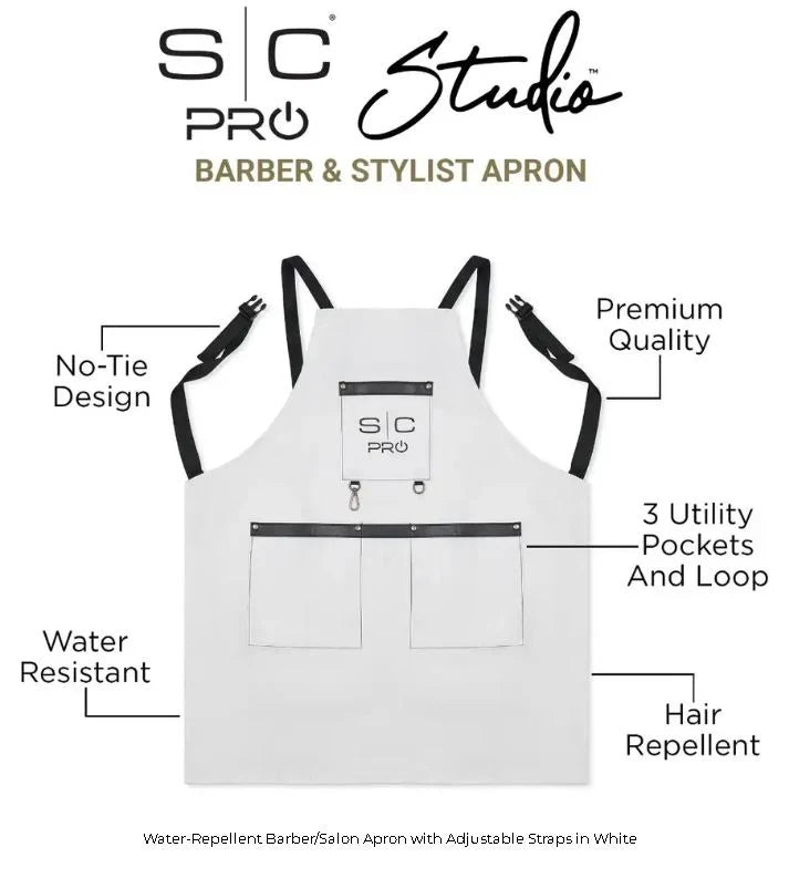 StyleCraft Pro Barber Apron – White #SC339W | Water-Resistant Heavyweight Fabric with Adjustable Straps & Pockets