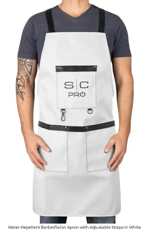 StyleCraft Pro Barber Apron – White #SC339W | Water-Resistant Heavyweight Fabric with Adjustable Straps & Pockets