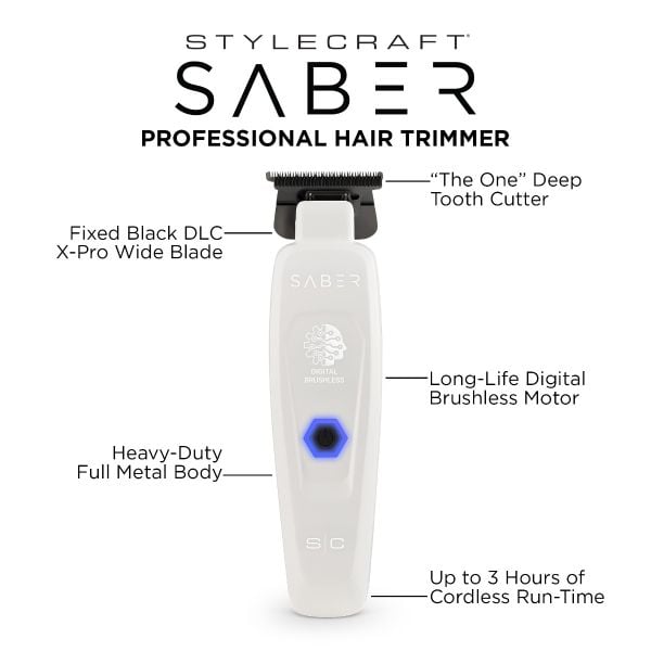 StyleCraft Pro Saber metal trimmer white brushless barber tool