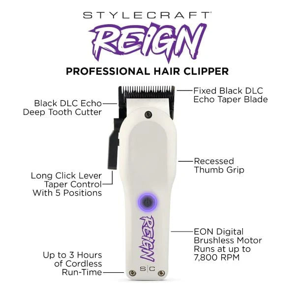 StyleCraft Reign Clipper white cordless 7800 RPM barber clipper