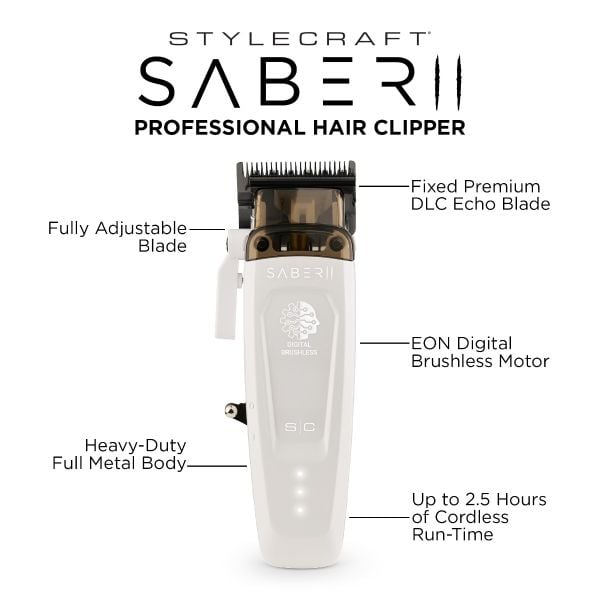 StyleCraft, Saber 2, white clipper, cordless clipper, brushless motor, DLC blade, modular clipper, professional barber tool, USB-C clipper, fade clipper
