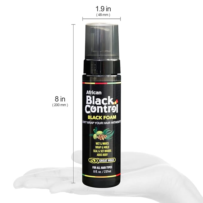 African Black Control Black Foam 8 oz bottle with approximate package dimensions