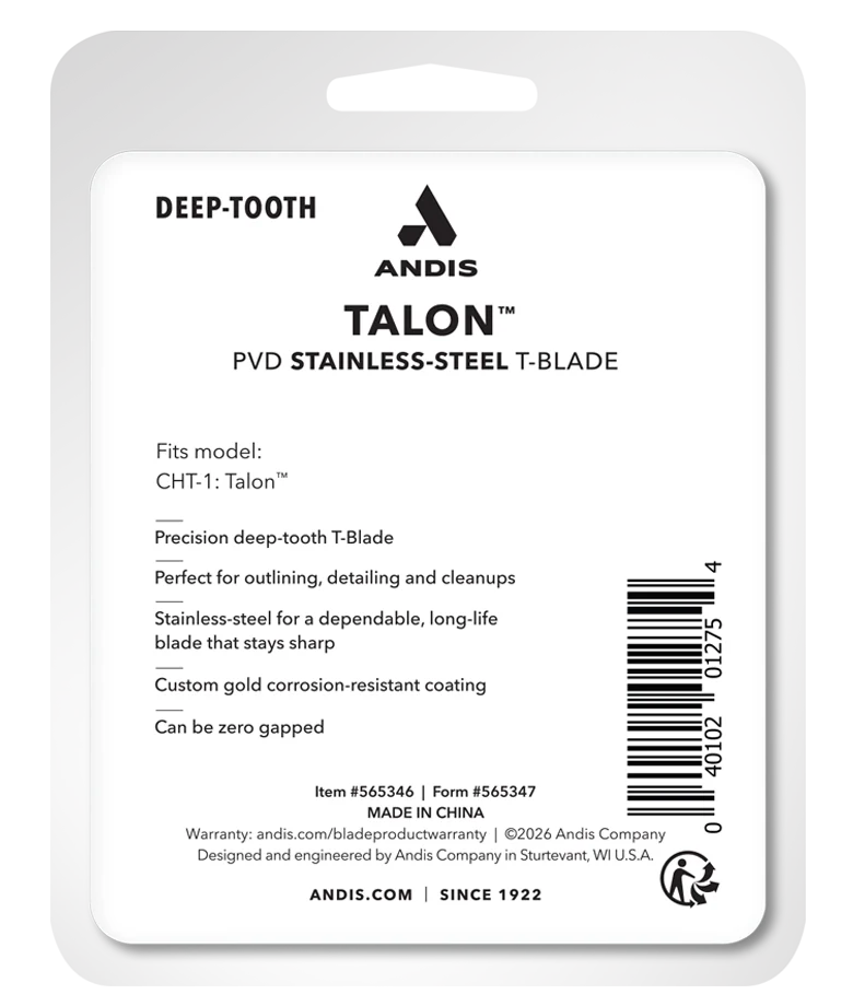 Andis Talon Gold Trimmer Blade 565346 package back with compatibility details
