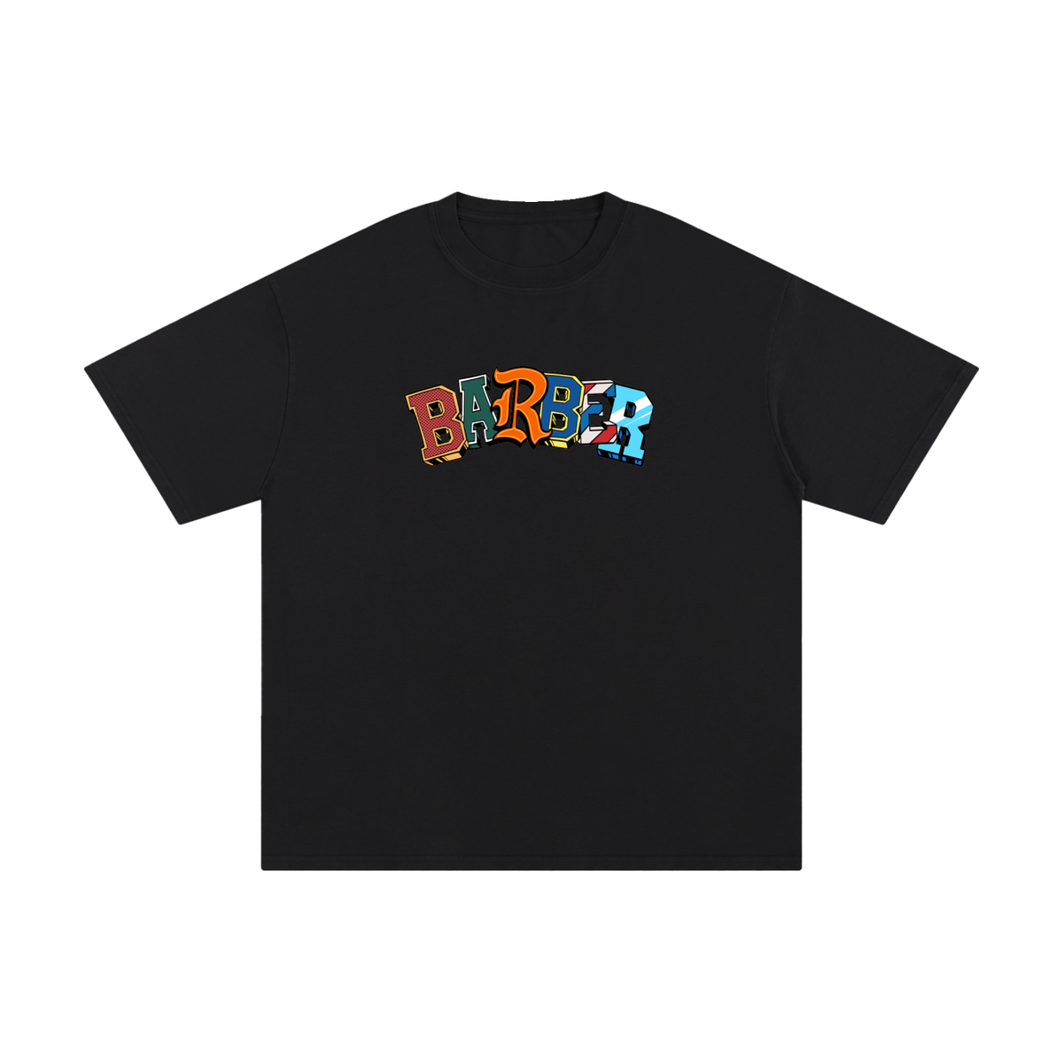 Anti Broke Barbers Club Barber Letters Tee in black with colorful BARBER graphic