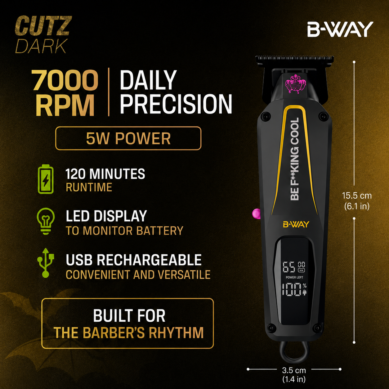 B-WAY CUTZ Dark trimmer specifications graphic