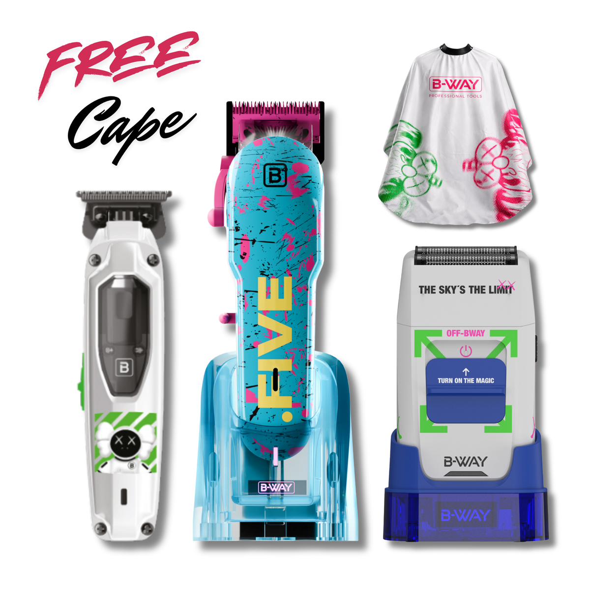 B-WAY New Five Shorty, T-Pro & OFF Shaver 3-in-1 Set + Cape complete barber set product view