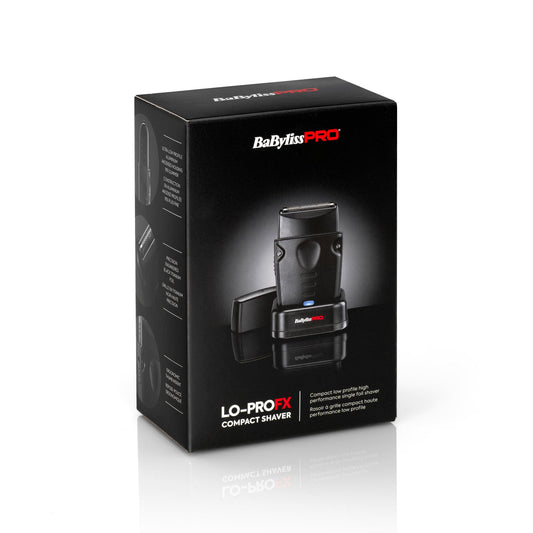 BaBylissPRO LO-PROFX Compact Single-Foil Shaver FXLPFS1MB in matte black retail packaging with charging stand