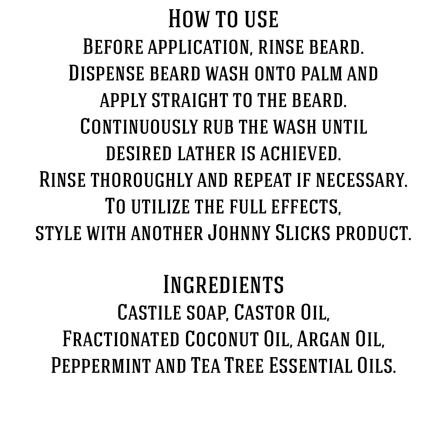 Johnny Slicks Organic Hand-Whipped Beard Wash – 4 oz & 8 oz – beard wash ingredients and benefits graphic