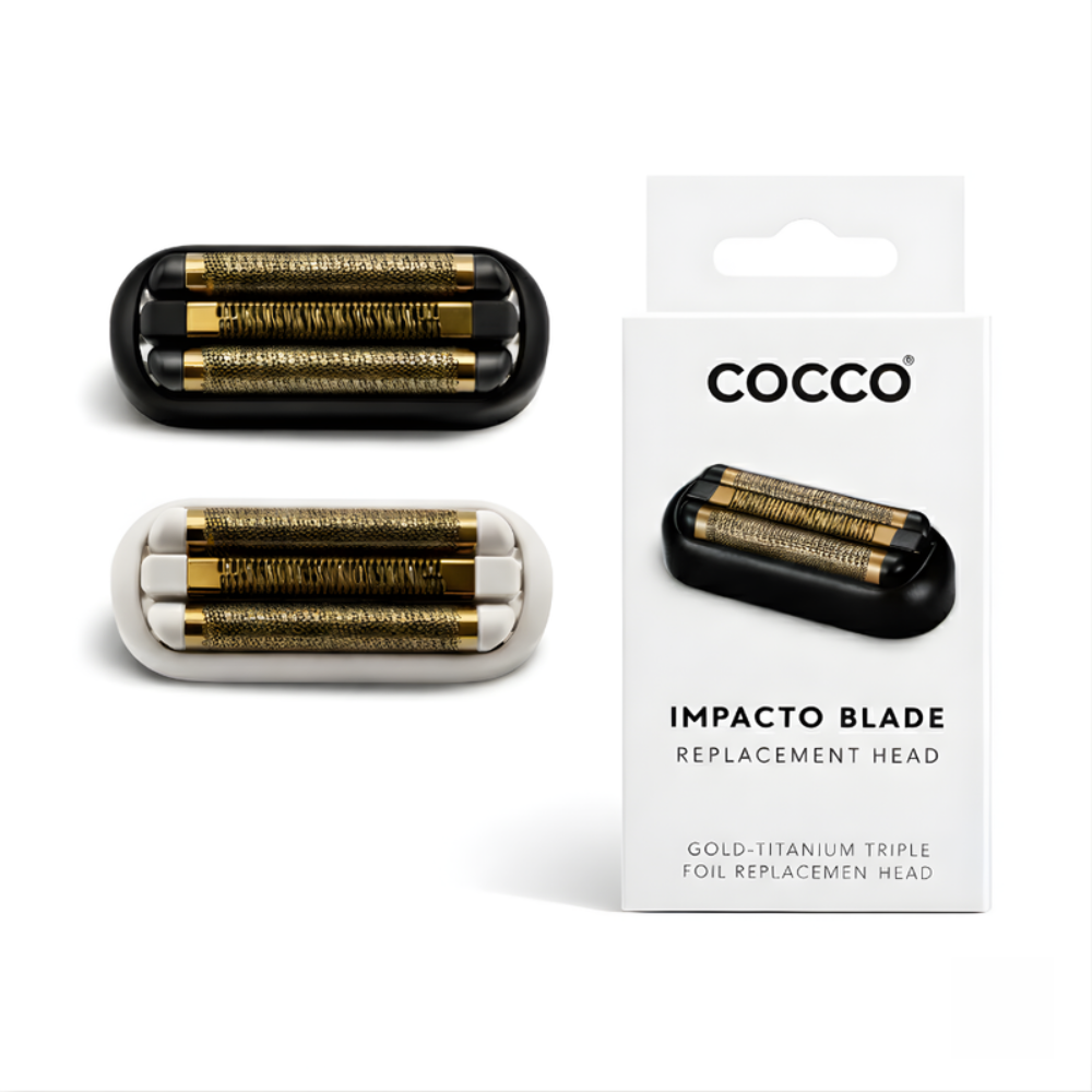Cocco Impacto replacement foil heads in black and white with packaging