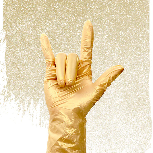 Colortrak Golden Glow nitrile glove metallic gold finish close-up
