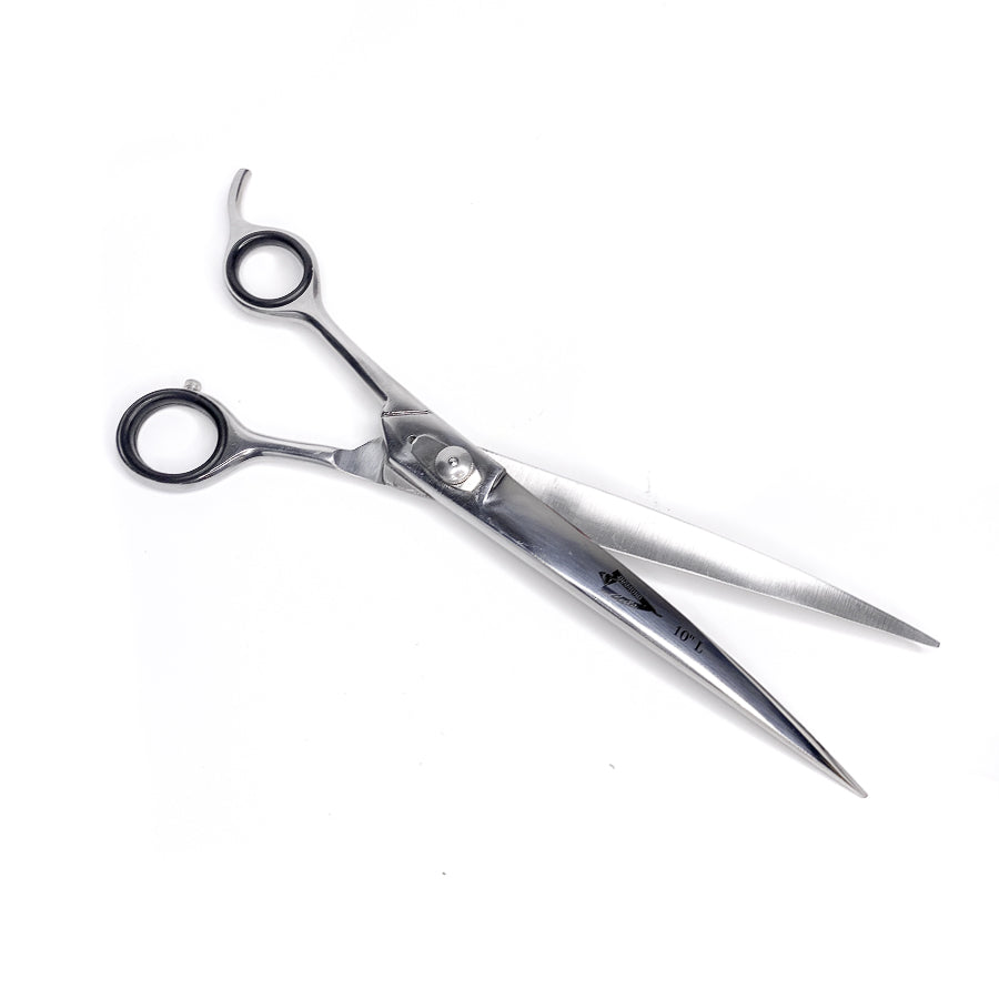 Diamond Cuts 10-inch chrome curved barber shears detail view