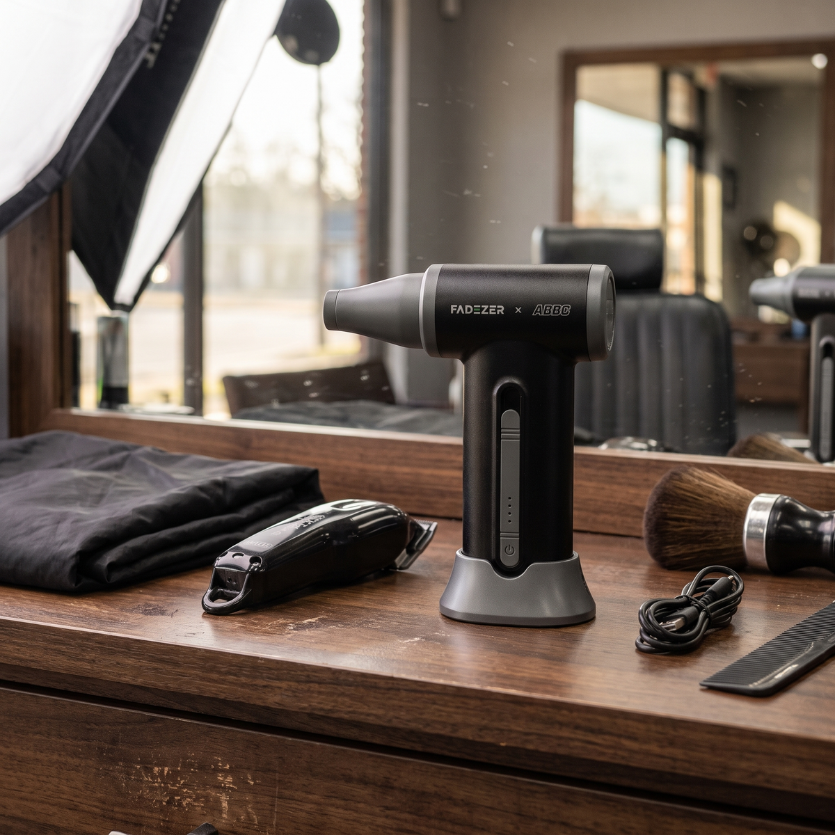 Fadezer x ABBC Dyno Air Jet Pro 2.0 #FT002 standing on a professional barber station