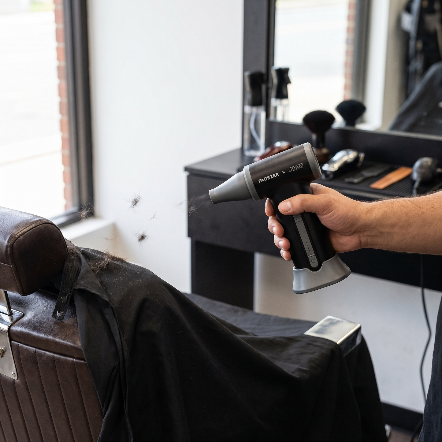 Barber using Fadezer x ABBC Dyno Air Jet Pro 2.0 #FT002 to remove loose hair from a cape