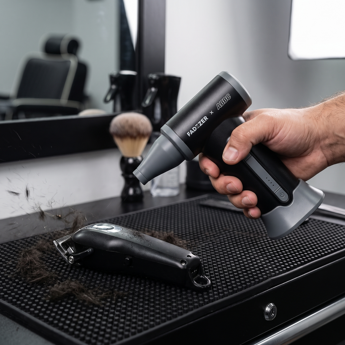 Barber using Fadezer x ABBC Dyno Air Jet Pro 2.0 #FT002 to clear hair from a clipper