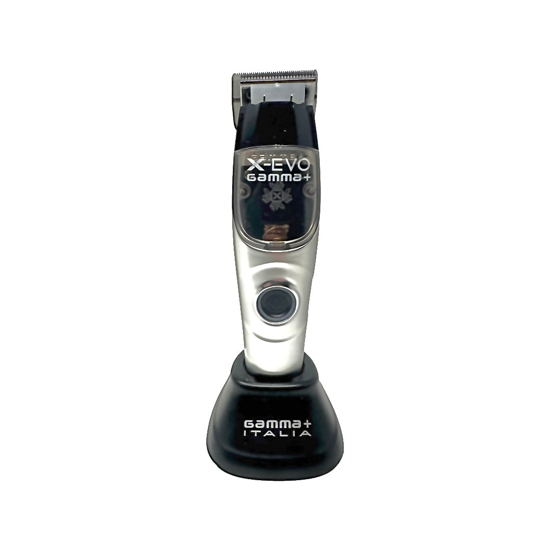 Philthy Blendz Gamma Evo 2.0 to Andis GTX Cam Follower – Gamma X-Evo trimmer front view on stand
