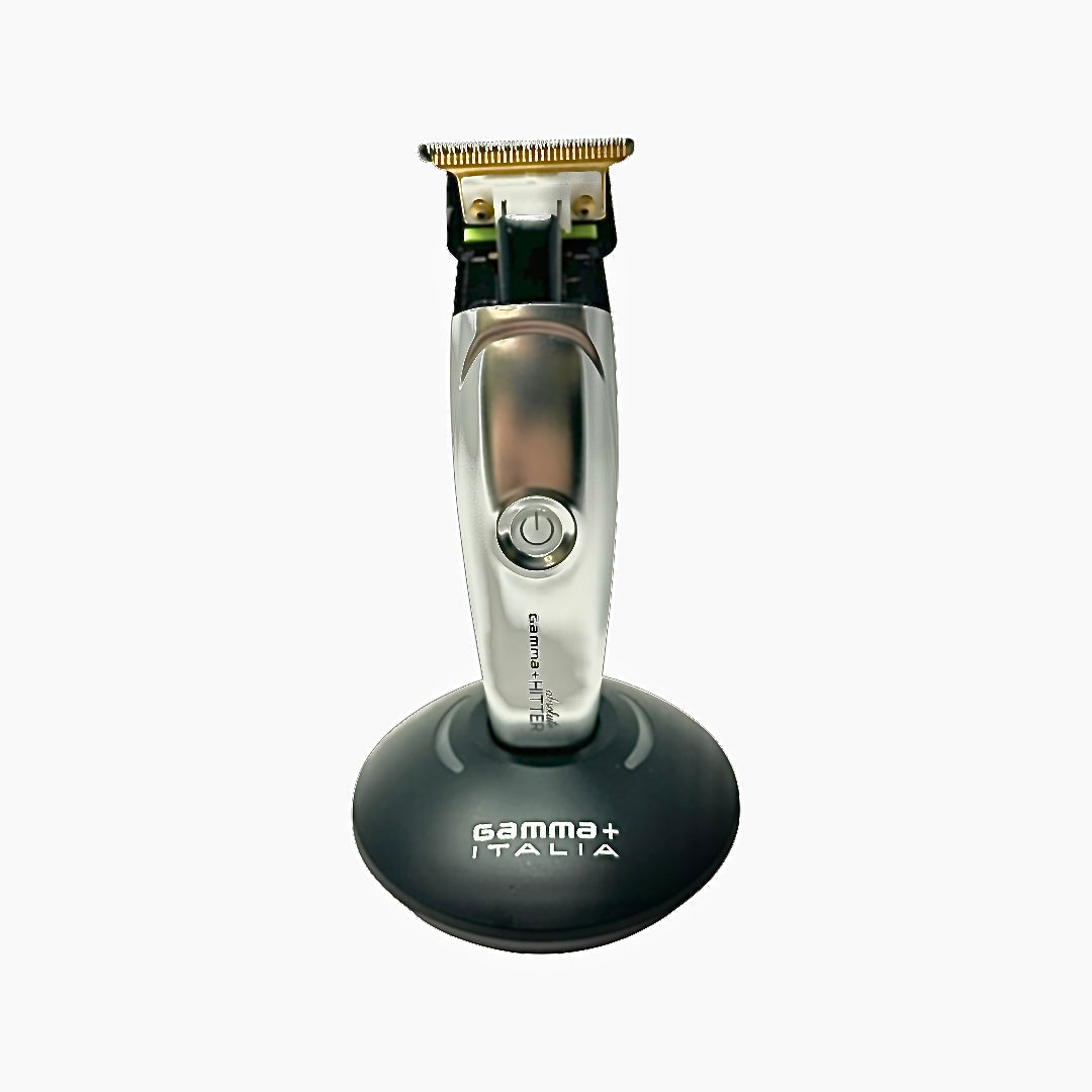 Philthy Blendz Gamma Hitter/Rebel 2.0 to BaBylissPRO FX Cam – modified silver Gamma trimmer front view on stand