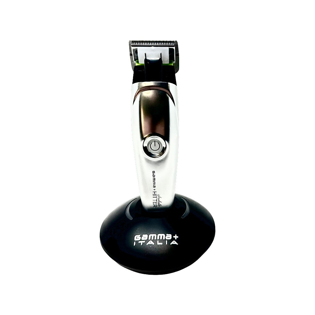 Philthy Blendz Gamma Hitter/Rebel 2.0 to Andis GTX Cam – modified silver Hitter trimmer on stand front view