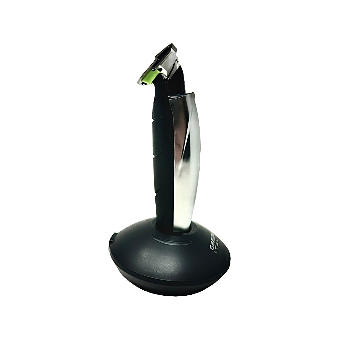 Philthy Blendz Gamma Hitter/Rebel 2.0 to BaBylissPRO FX Cam – modified silver Gamma trimmer side view on stand