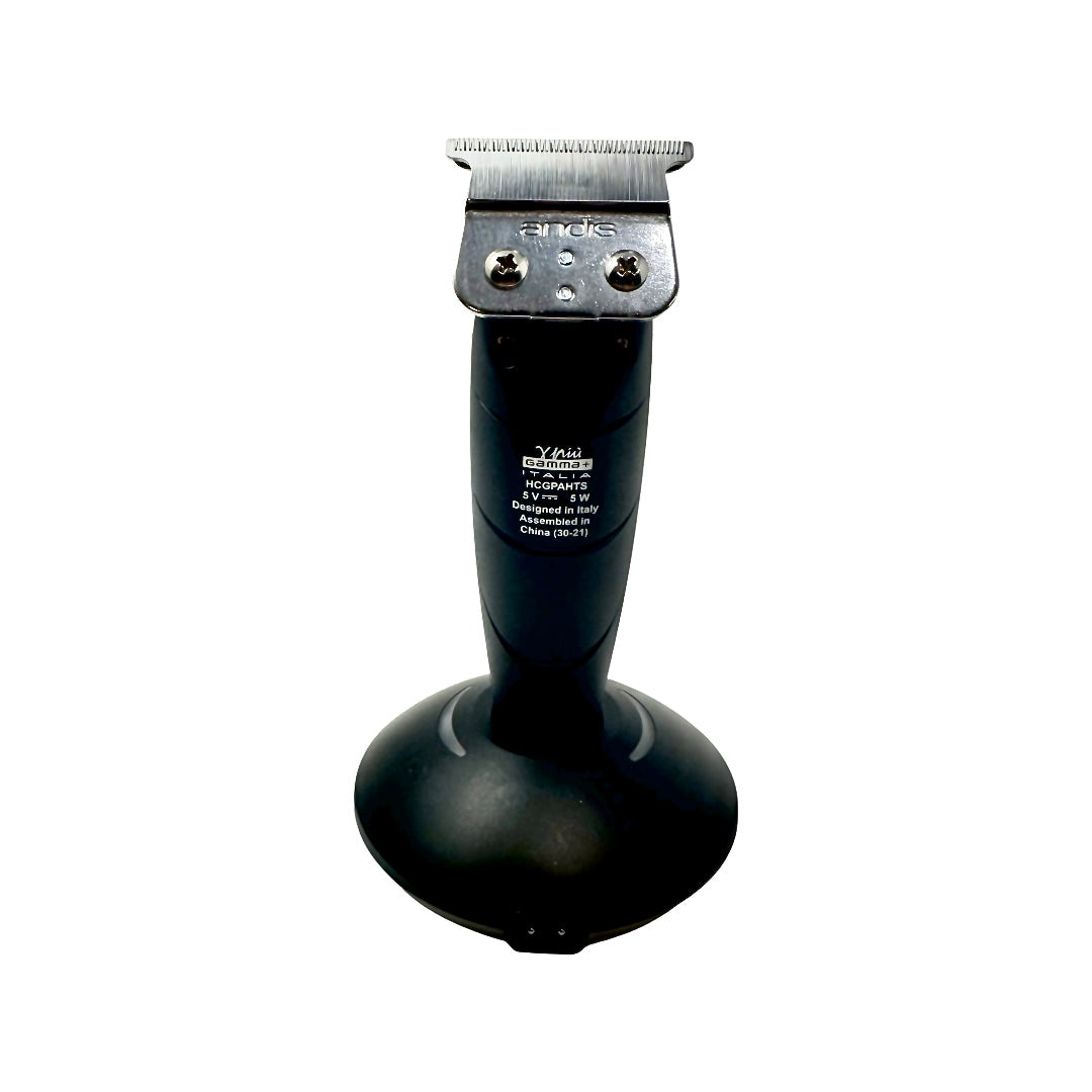 Philthy Blendz Gamma Hitter/Rebel 2.0 to Andis GTX Cam – modified black Hitter trimmer on stand front view